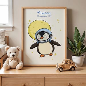 Poster personalizzato per la nascita di un astronauta pinguino – Nome e data di nascita – Poster per la cameretta dei bambini – Luna – Regalo di nascita originale