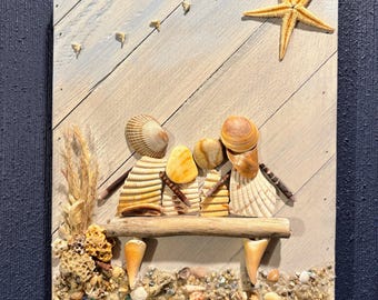 Handmade Seashell Family Beach Art: Nautical Driftwood Decor—beach inspired gift