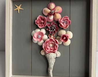Handcrafted Seashell Flower Bouquet Wall Art-- Pink & Cream Shell Flowers in Shadow Box Frame