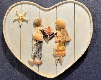 Romantic Coastal Seashell Couple Wall Art--Heart-Shaped Beach Couple-Coastal Romance Wall Decor—Valentines Day Gift