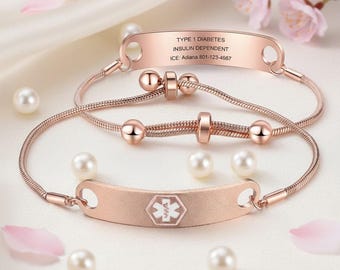 Bracciale medico da donna, braccialetto identificativo di allerta medica, braccialetto per allergie, braccialetto ICE di emergenza, braccialetto di tipo 1, regalo per pazienti, gioielli medici