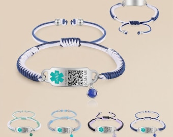 Custom Medical Alert QR Code Bracelet，Adjustable woven rope medical bracelet，for Men & Women Kids，ID Medical Bracelet With Birthstone