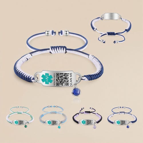 Pulsera de alerta médica personalizada con código QR, pulsera médica de cuerda tejida ajustable, para hombres, mujeres y niños, pulsera médica de identificación con piedra de nacimiento.