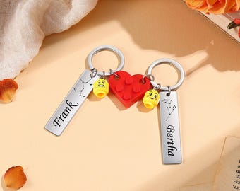 Benutzerdefinierte Emoji Paar Schlüsselbund, personalisierte Namen Datum, niedlichen Herz-Block-Schlüsselring, Jubiläumsgeschenk für Freund, passende Schlüsselanhänger