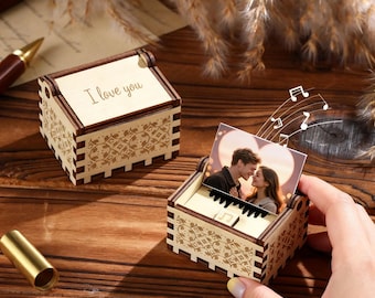 Personalized Wood Photo Music Box，Custom Text＆Song  Music Box Gift，Memory Music Box，Wedding Anniversary Gift，Couple Keepsake，Gift for Her