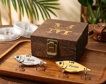 Conjunto de isca de pesca personalizada e caixa de madeira, isca com nome personalizado, presente para o Dia dos Pais, aniversário, Natal para pai, marido, pescador.