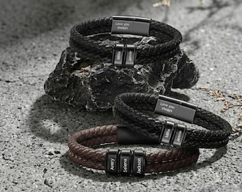 Pulsera de cuero personalizada para hombre, pulsera para papá con nombres de los hijos, regalo para el Día del Padre, pulsera trenzada personalizada para él, regalo de aniversario.