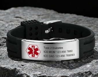 Personalized Silicone Medical Alert Bracelet,Engraving ID  Medical Bracelet, Emergency Jewelry,allergy bracelet,Gifts for diabetes allergie
