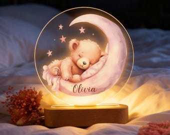 Luce notturna personalizzata a forma di orsacchiotto con stella e luna, luce notturna a LED in acrilico, decorazione per cameretta dei bambini, luce notturna con nome, regali di Natale per ragazzi e ragazze