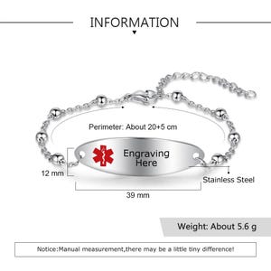 May include: A stainless steel medical ID bracelet with a beaded chain and a central oval plate. The plate features a red medical symbol and the text "Engraving Here". The bracelet's perimeter is about 20+5 cm, and the plate is 39 mm long.