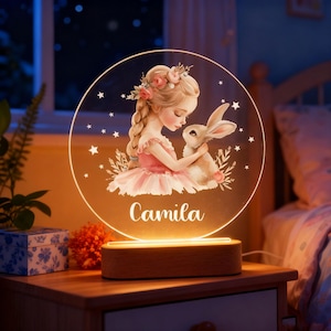 Personlig LED-djurlampa, Nattlampa med eget namn och träbas, Bordslampa till barnrum, Nattlampa för barn, Födelsedagspresent