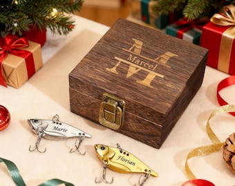 Esca da pesca personalizzata e set di scatole di legno, regalo con esca personalizzata con nome, regalo per la festa del papà, compleanno, Natale per papà, marito, pescatore