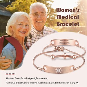 May include: Rose gold medical bracelets with the text "TYPE 1 DIABETES INSULIN DEPENDENT ICE Adiana 801-123-4567". One bracelet has a medical symbol. The image also includes the text "Women's Medical Bracelet".