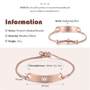 May include: Rose gold medical bracelet with a snake chain design. The bracelet features a rectangular plate with a medical symbol and is 45 mm long. The circumference is about 220 mm. The material is rhodium plated and weighs 15 g.