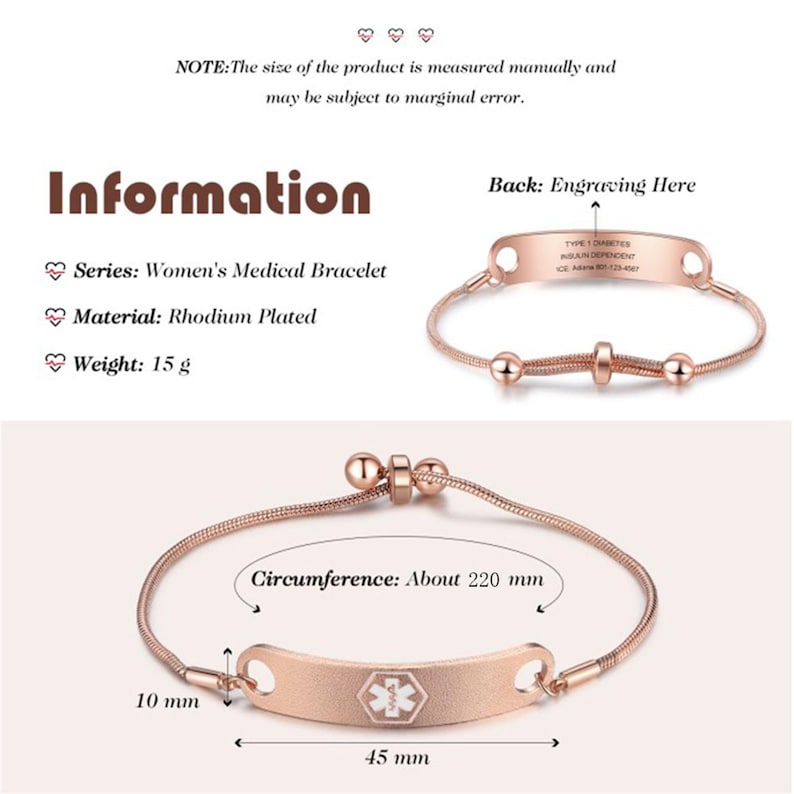 May include: Rose gold medical bracelet with a snake chain design. The bracelet features a rectangular plate with a medical symbol and is 45 mm long. The circumference is about 220 mm. The material is rhodium plated and weighs 15 g.