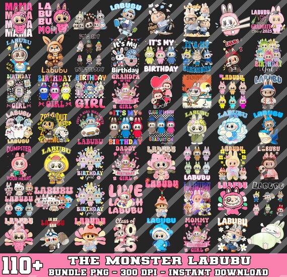 Labubu Designs PNG Bundle, The Monsters Labubu PNG, Monsters Png, Perfect Gift for Kids, Coquette Bow Cute Doll Png, Labubu Happy Birthday
