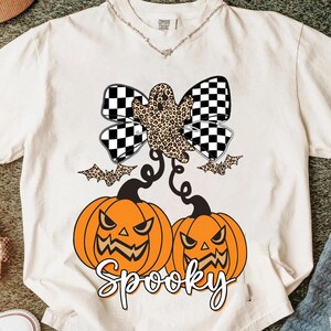 Spooky Jack o Lantern Cherries Png, Leopard Print Ghost on Checker Bow Digital Design, Trendy Halloween Shirt Png for Sublimation, DTF & DTG