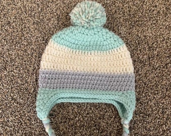 Crochet Beanie in Mint, Cream, and Grey 12mo-2t