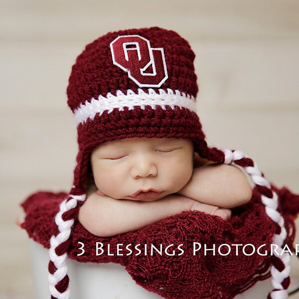 Earflap Beanie in Crimson Red and White/Oklahoma University