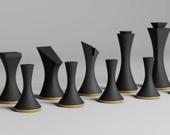May include: A set of black chess pieces with gold accents. The pieces are made of a smooth, matte material and have a modern, minimalist design.