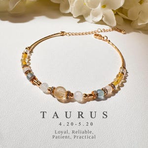 Bransoletka Taurus, Bransoletka z naturalnych kamieni szlachetnych, Złoty kwarc rutylowy, Kamień księżycowy, Akwamaryn, bransoletka z kryształami zodiaku dla kobiet, Prezent dla mamy