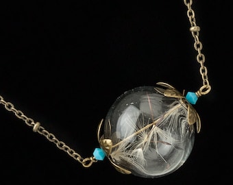 Wish Necklace with Real Dandelion Seeds in a Hand Blown Glass Orb with Flower & Turquoise Swarovksi Crystal on Brass Beaded Chain, Jewelry
