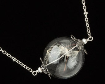 Wish Necklace with Hand Blown Glass Orb Filled with Real Dandelion Seeds, Accented with Genuine Pearl & Filigree on Silver Beaded Chain