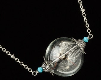 Dandelion Necklace, Wish Necklace with Real Dandelion Seeds in Hand Blown Glass Orb with Filigree & Turquoise Crystal on Silver Beaded Chain