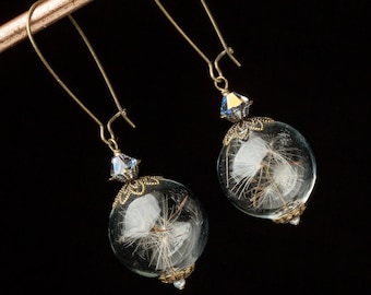 Wish Earrings with Real Dandelion Seeds in Hand Blown Glass Orb and Gold Filigree, Genuine Pearl & Crystal, Wedding Jewelry Bridesmaid Gift