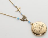 Victorian Locket in Gold Filled with Blue Opal and Bird Charm, Monogrammed Locket Necklace, Photo Locket, Antique Jewelry, Womens Gift
