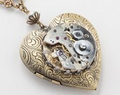 Steampunk Necklace, Heart Locket with Vintage Silver Watch, Gears, Wire Wrapped Genuine Pearl Crystal Beads on Figaro Chain, Jewelry Gift