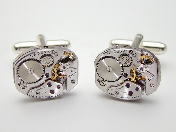 Steampunk Cufflinks Vintage Waltham Watch Movements Gears Wedding - Main Image