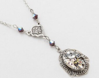 Steampunk Necklace with intage Watch Movement on Victorian Style Leaf & Flower Pendant, Garnet Crystal on Silver Beaded Chain, Jewelry Gift