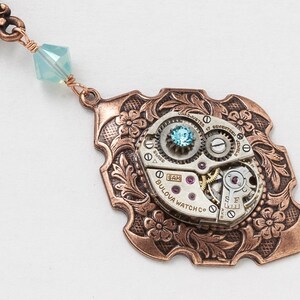 Steampunk Necklace Vintage silver watch movement with blue opal Swarovski crystal and copper dragonfly pendant, flower & leaf jewelry Gift image 2