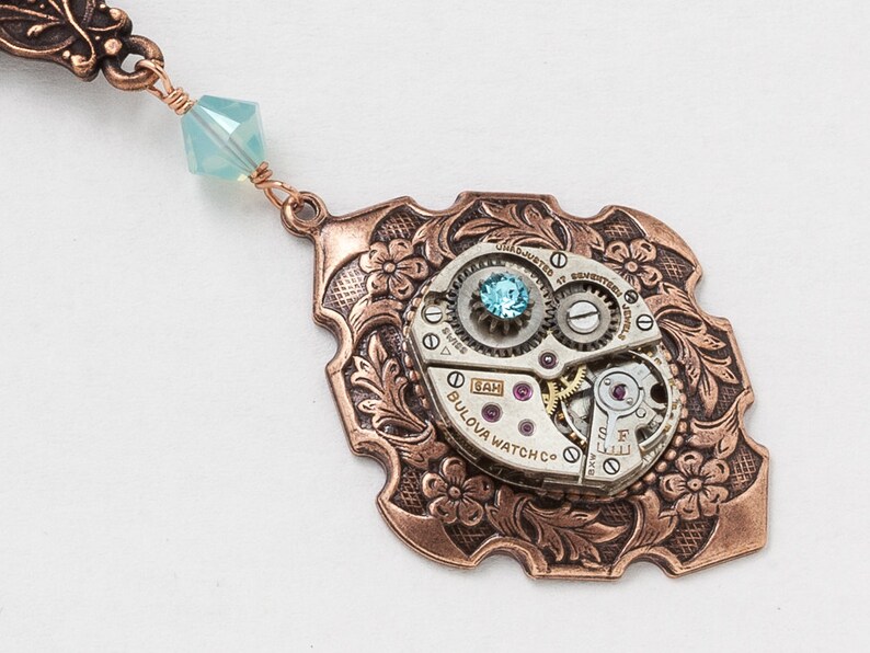 Steampunk Necklace Vintage silver watch movement with blue opal Swarovski crystal and copper dragonfly pendant, flower & leaf jewelry Gift image 2