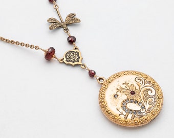 Vintage Locket Necklace, Victorian Paste Locket with Floral Engraving and Horseshoe Design in Gold Filled, Genuine Garnet, Dragonfly Charm