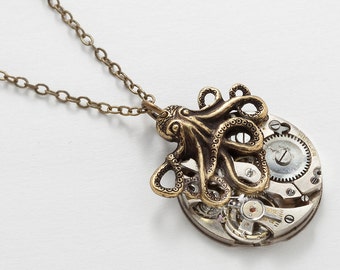 Steampunk Necklace vintage silver watch movement gold octopus pendant necklace Neo Victorian Steampunk jewelry Gift by Steampunk Nation