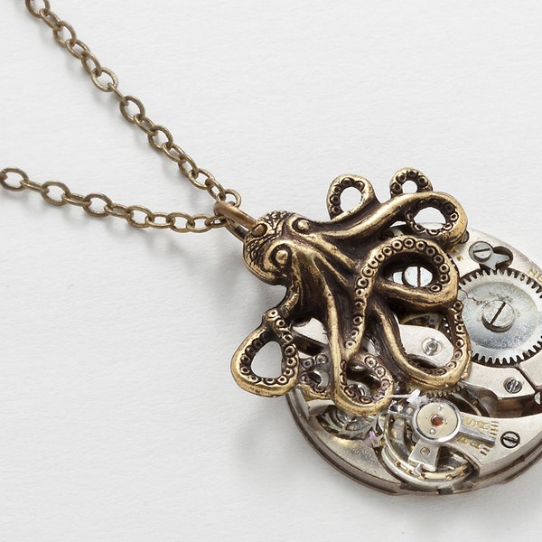 Steampunk Necklace vintage silver watch movement gold octopus pendant necklace Neo Victorian Steampunk jewelry Gift by Steampunk Nation