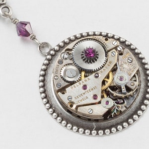 Steampunk Necklace Vintage watch movement silver bird charm amethyst purple crystal flower pendant Statement Necklace Steampunk Jewelry 2574 image 2