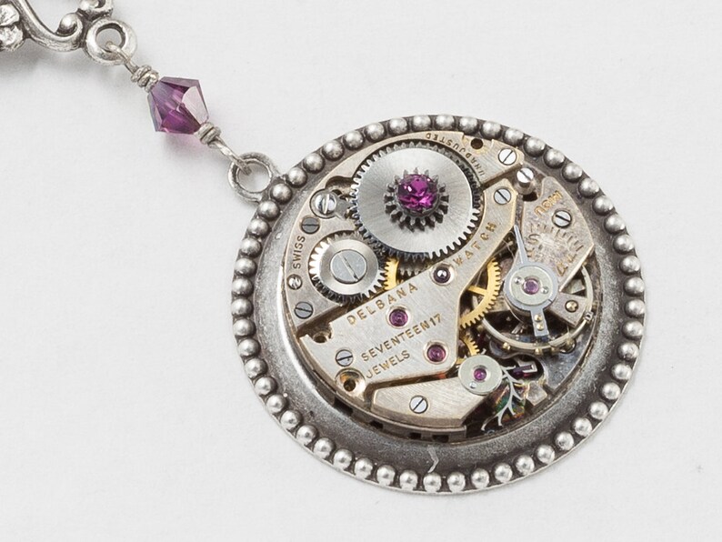 Steampunk Necklace Vintage watch movement silver bird charm amethyst purple crystal flower pendant Statement Necklace Steampunk Jewelry 2574 image 2