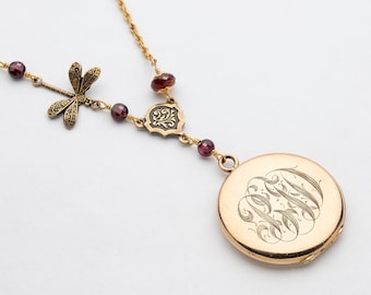 Antique Victorian Locket Necklace in Gold Filled with Genuine Garnet and Dragonfly Charm, Hand Engraved Monogram, Vintage Photo Locket, Gift