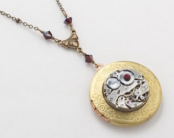 Steampunk Locket Necklace with Vintage Silver Watch, Garnet Crystal, Flower & Leaf Motif on Gold Beaded Chain, Photo Locket, Jewelry Gift