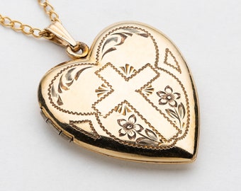 Antique Heart Locket Necklace, Vintage Puffy Heart Charm, Leaf and Flower Engraved with Cross in Gold Filled, Photo Locket, Gift For Her