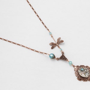 Steampunk Necklace Vintage silver watch movement with blue opal Swarovski crystal and copper dragonfly pendant, flower & leaf jewelry Gift image 3