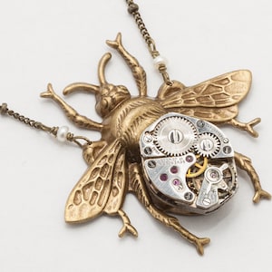 Steampunk Necklace vintage silver watch movement gears gold bumble bee pearl Steampunk Jewelry Victorian pendant Statement Gift Necklace