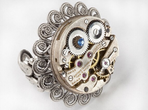 Vintage Silver Filigree Steampunk Ring With Watch Movement and