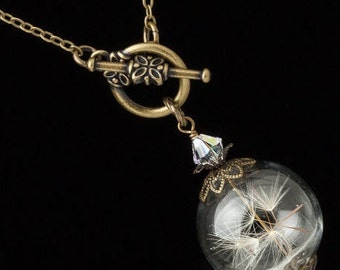 Wish Necklace, Dandelion Necklace, Real Dandelion Seeds in Hand Blown Glass with Crystal, Pearl & Brass Filigree, Wish Jewelry, Gift For Her