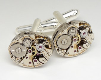 Vintage Silver Watch Cufflinks, Steampunk Cuff Links Featuring Bulova Movements with Ruby Jewels Ideal Wedding Anniversary Gift Mens Jewelry
