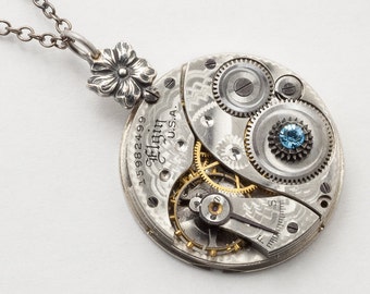Steampunk Necklace, Vintage Elgin Pocket Watch Movement Pendant with Silver Flower Bail & Aquamarine Blue Crystal Neo Victorian Jewelry Gift