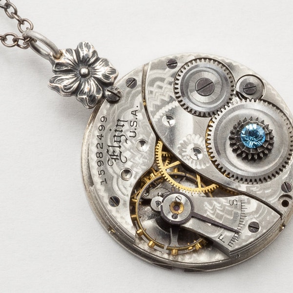 Steampunk Necklace, Vintage Elgin Pocket Watch Movement Pendant with Silver Flower Bail & Aquamarine Blue Crystal Neo Victorian Jewelry Gift